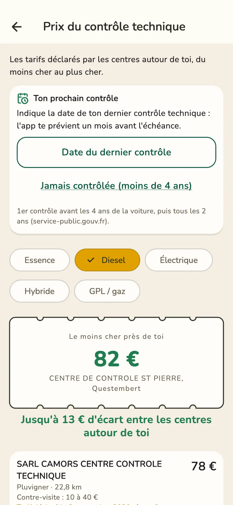 Écran Contrôle technique de l'appli : le moins cher près de Vannes à 82 €, jusqu'à 13 € d'écart entre les centres