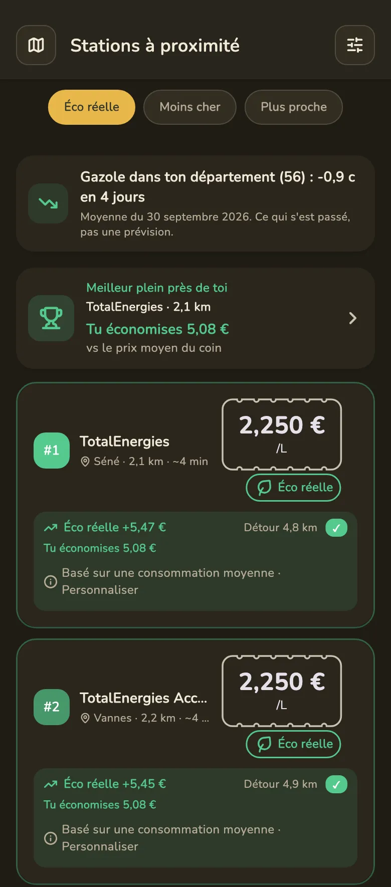 La même liste en mode sombre