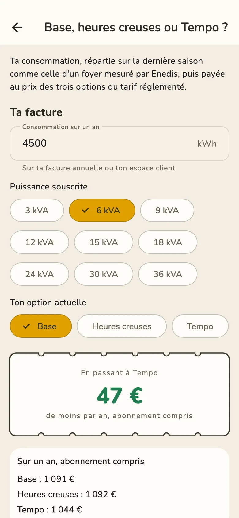Base, heures creuses ou Tempo, sur ta consommation.