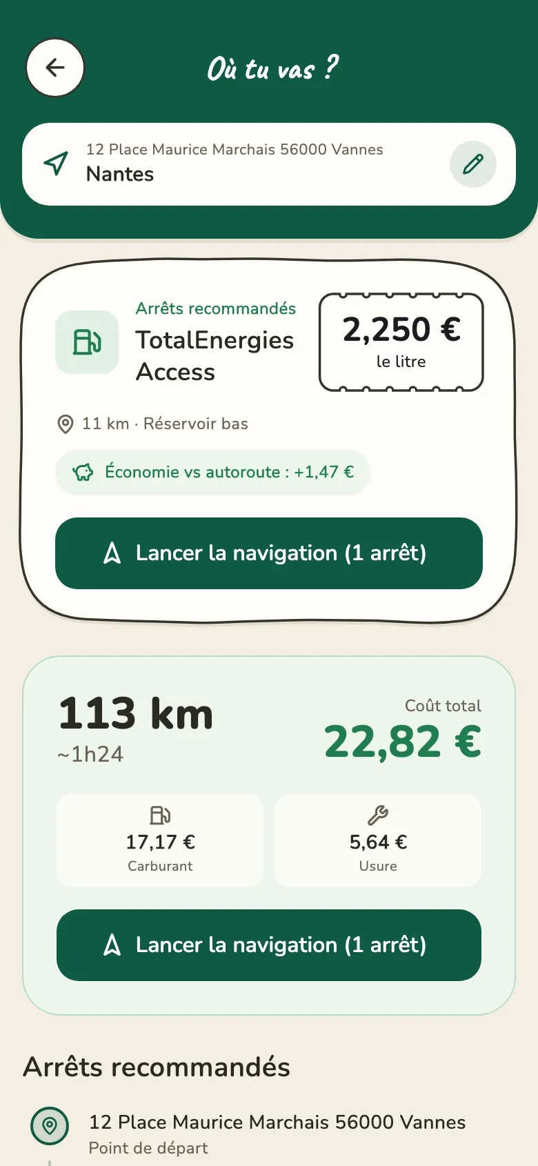 Écran Trajet de l'appli : Vannes vers Nantes, un arrêt recommandé à Theix-Noyalo, coût total 22,82 €