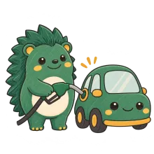Le hérisson de PouvoirAchat+ fait le plein d'une petite voiture verte